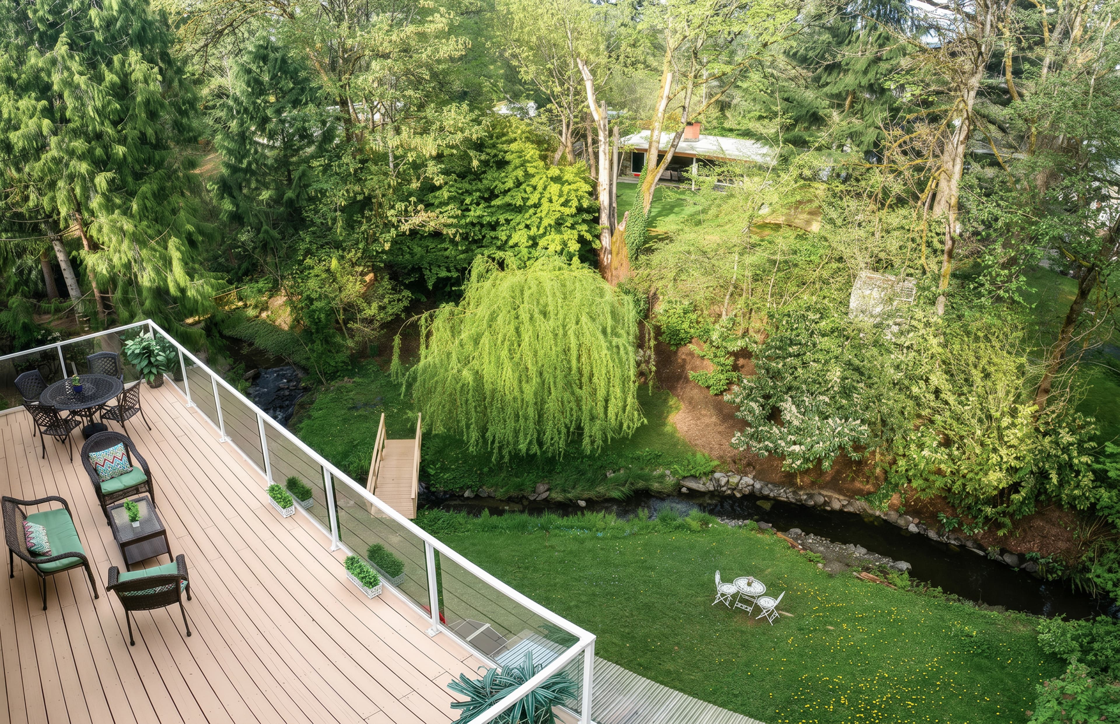 The garden patio at Brookwood House, a quiet outdoor space framed by greenery.